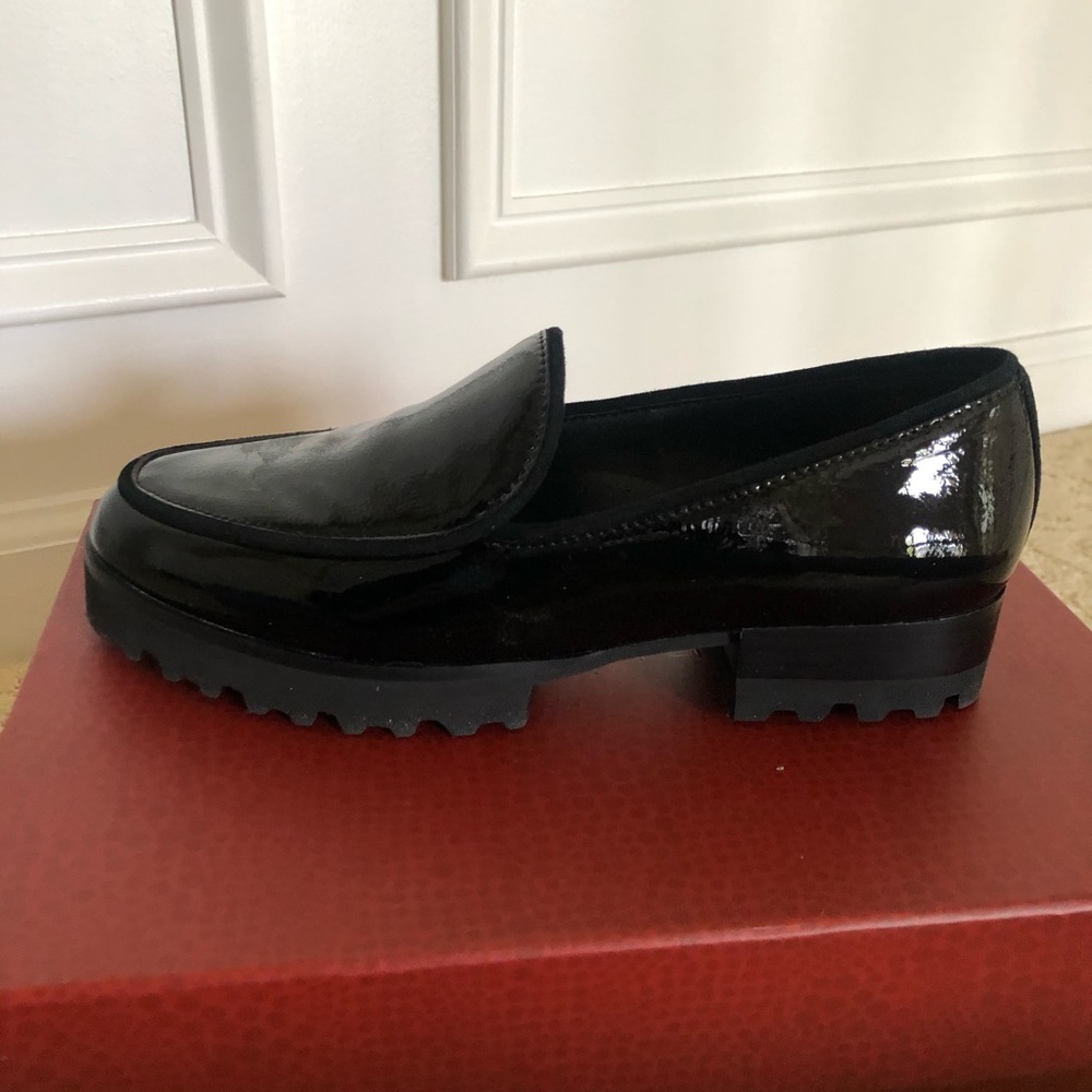 Donald Pliner Black Crinkle Patent Leather Loafers